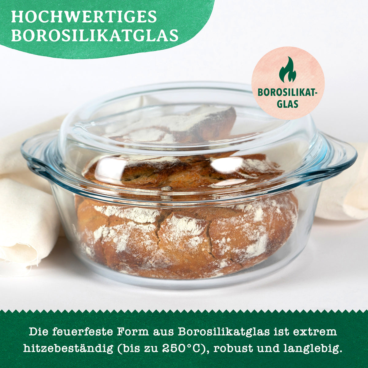 Brotbackform Glas mit Deckel – Ø 22 cm – Für knuspriges Brot zuhause – BakeWithLove